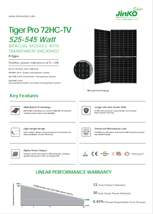 525W-545W Jinko Bifacial Half-Cell Mono solar panel / solar module
